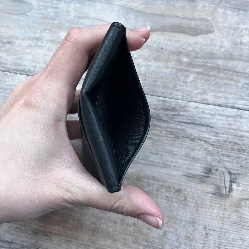 Black Genuine Leather Bifold Wallet Minimalist Slim ID Card Holder Men's Fold